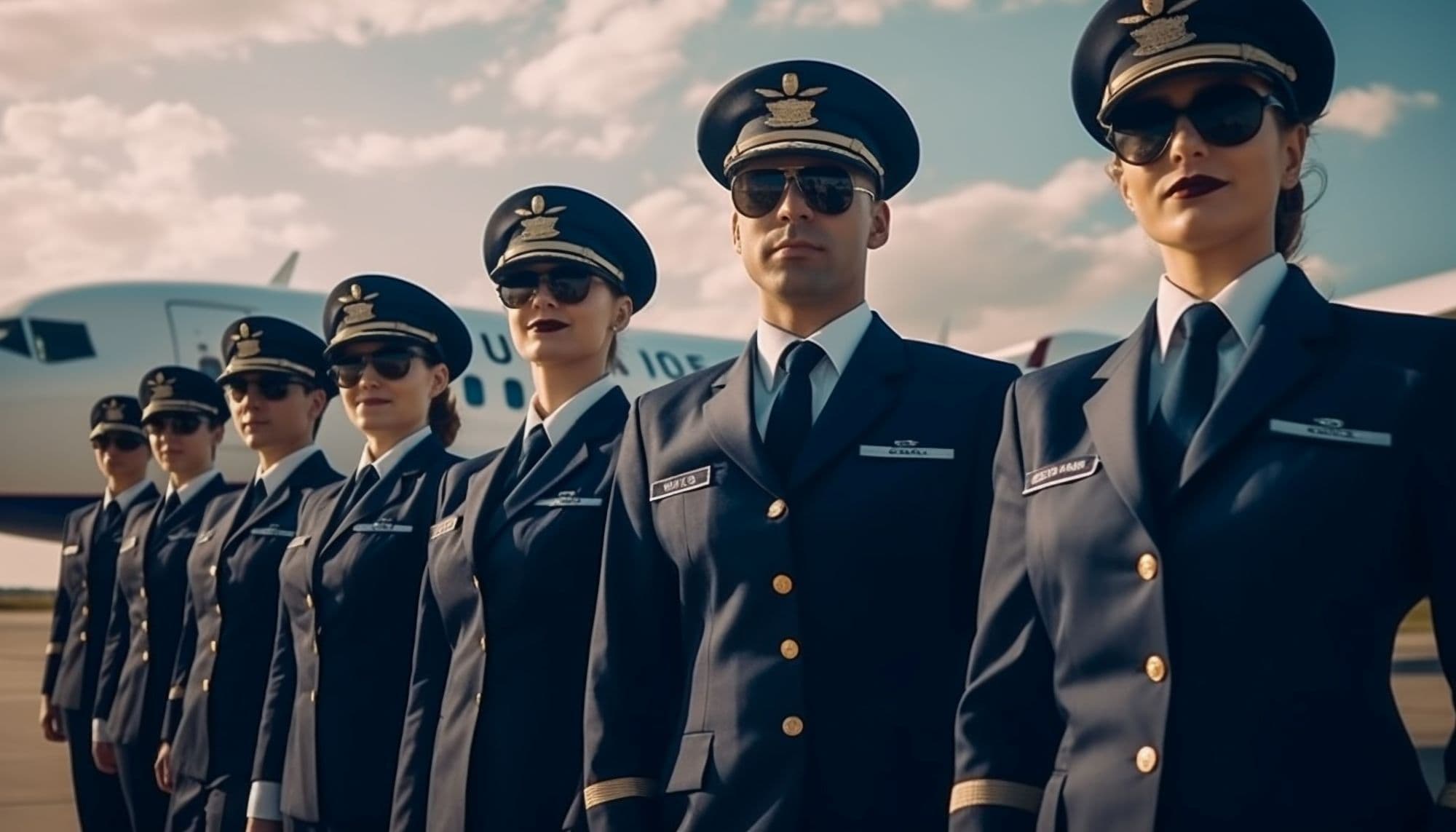 confident airline pilots team standing on runway